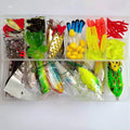142-piece fishing lure kit showing hard minnow lures with sequins, metal fishing pliers, and various bait designs