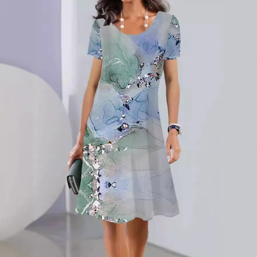 Floral printed summer dress with short sleeves and A-line mid-length skirt in ice silk fabric