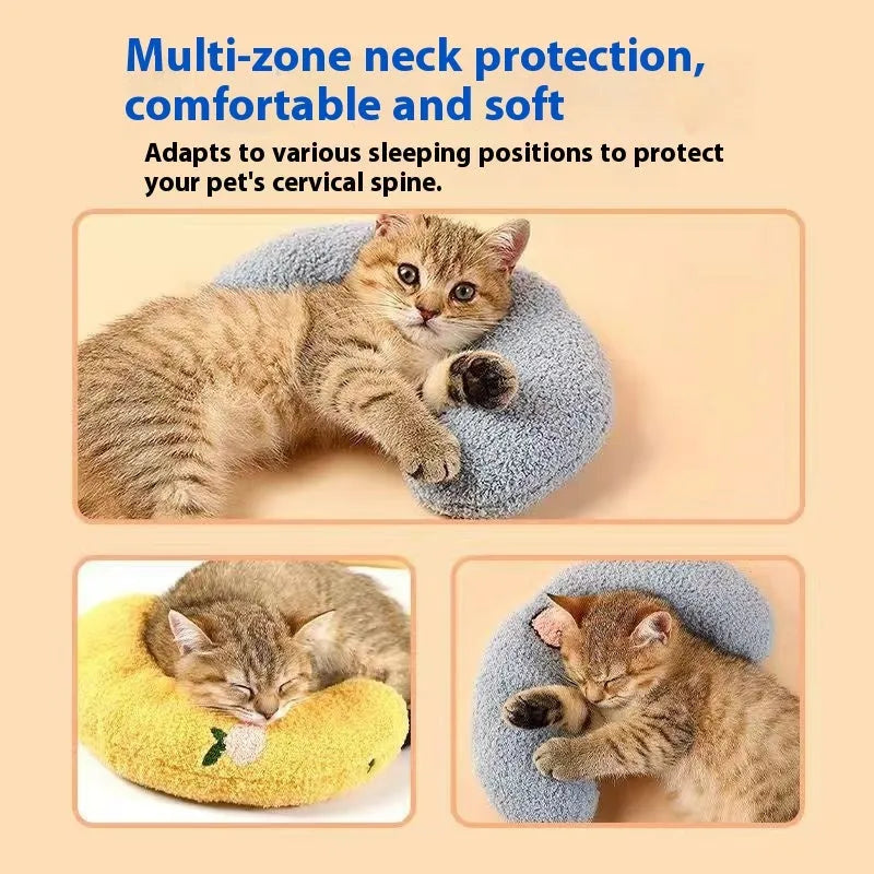 Blue U-shaped cat pillow with neck support in a question mark shape on a white background.