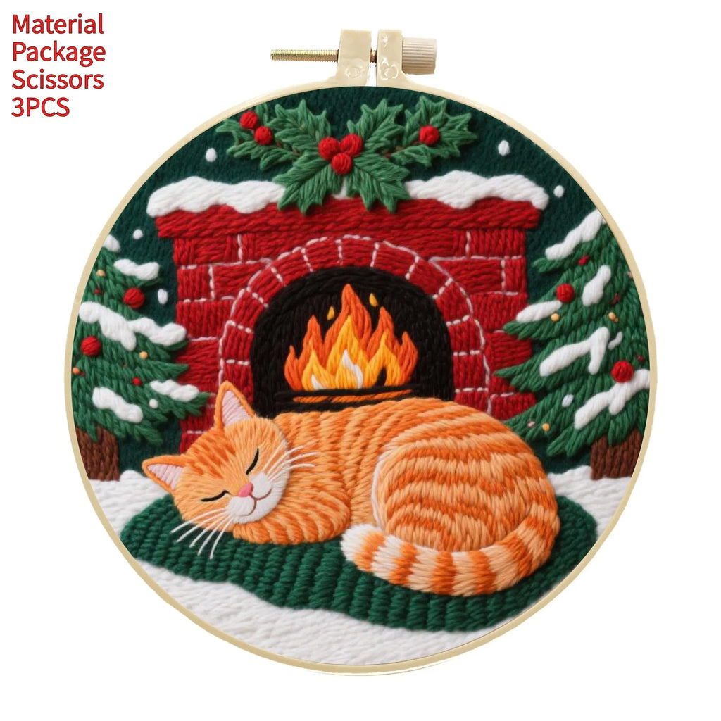 Embroidery DIY material package with autumn fruit cat designs on cotton linen fabric