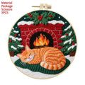 Embroidery DIY material package with autumn fruit cat designs on cotton linen fabric