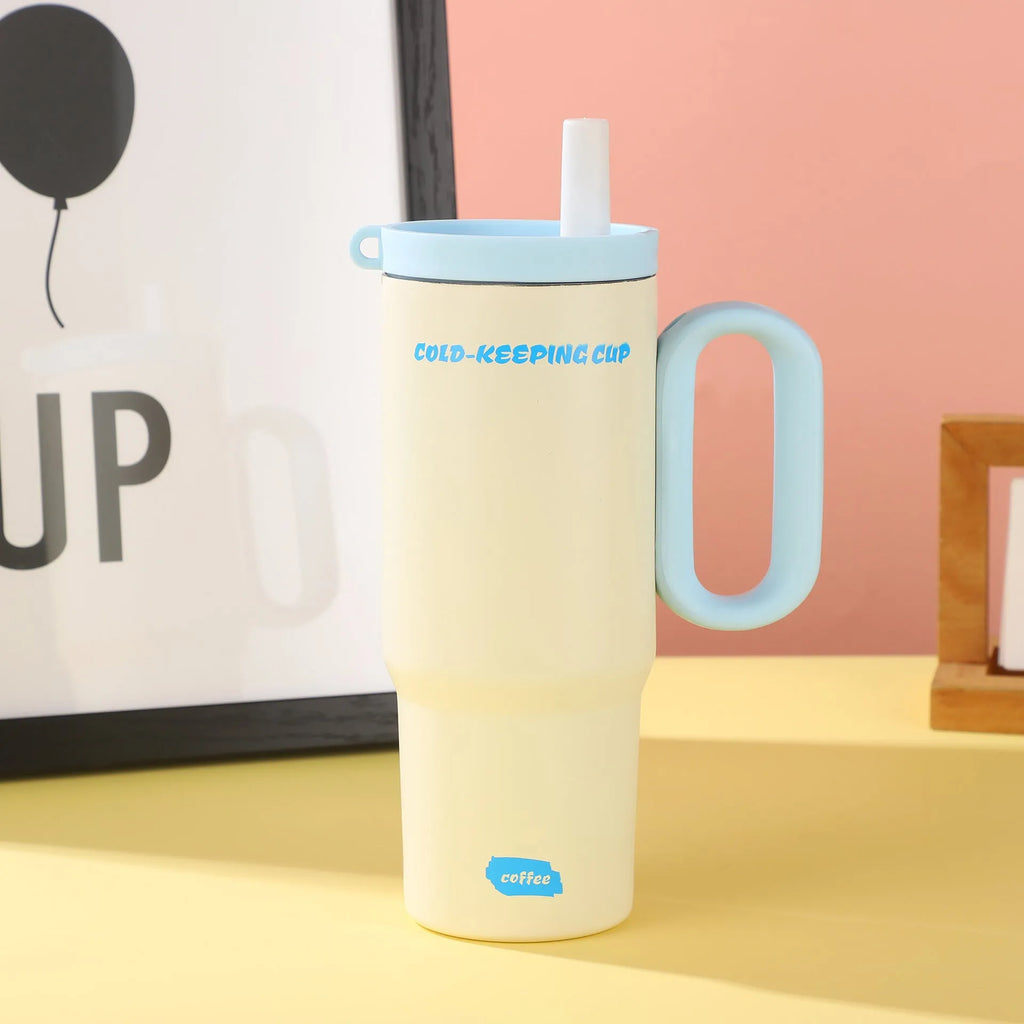 Large portable straw cup with carrying handle in multiple colour options