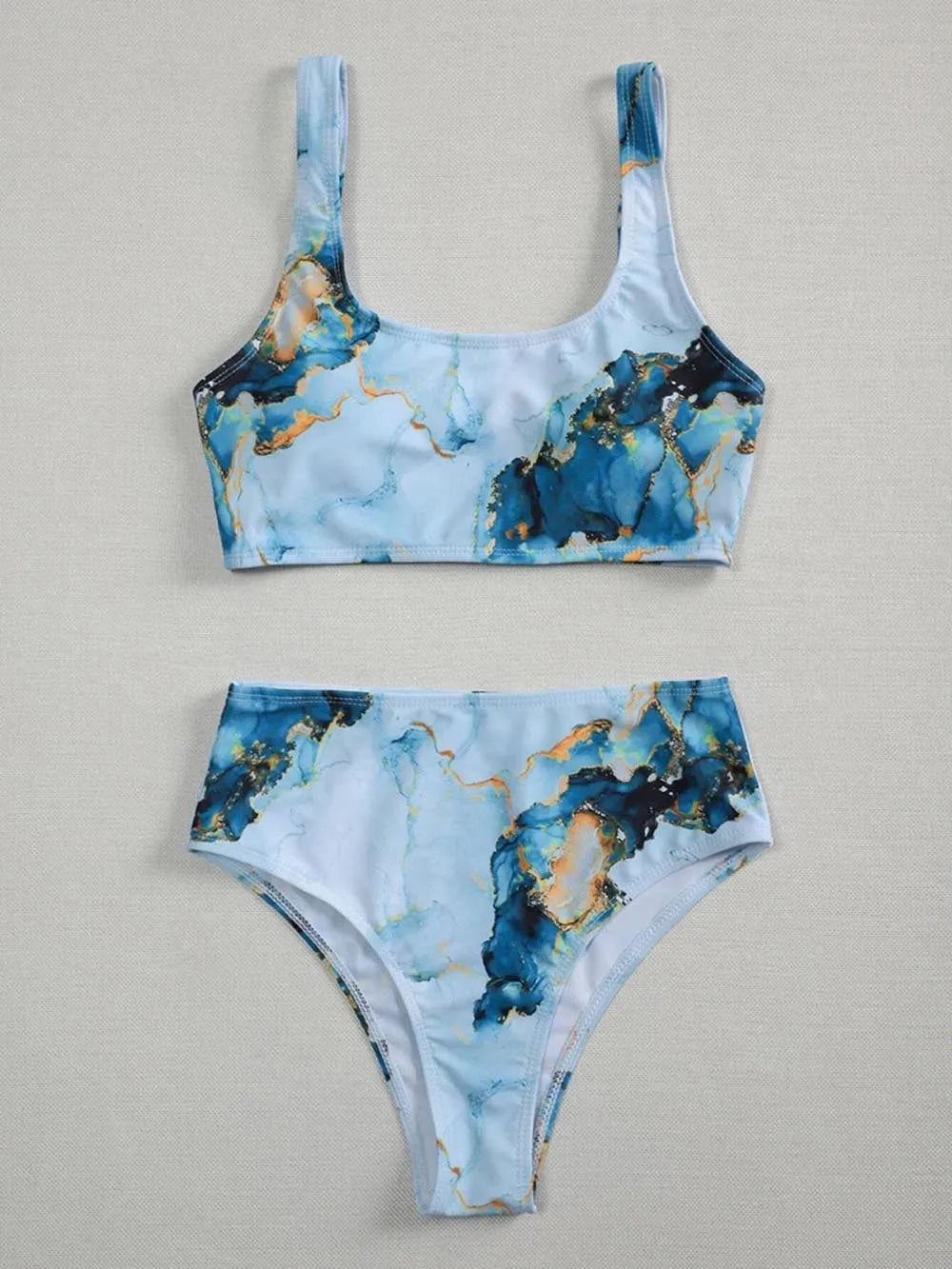 Women's marble tie-dye high waist bikini swimwear with U-neck design