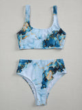 Women's marble tie-dye high waist bikini swimwear with U-neck design