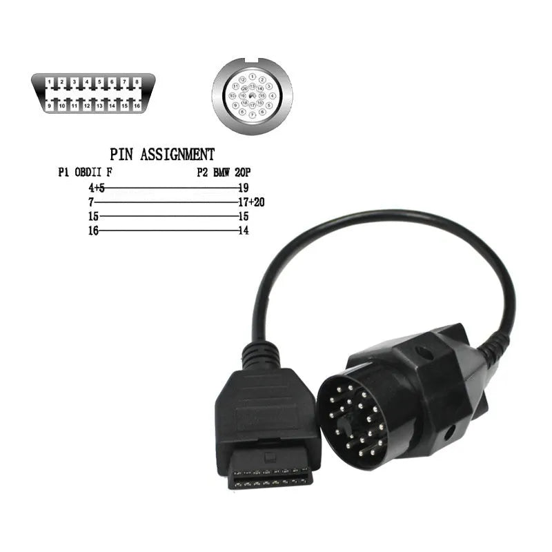 BMW OBD2 diagnostic adapter cable converting 20-pin male to 16-pin female connector