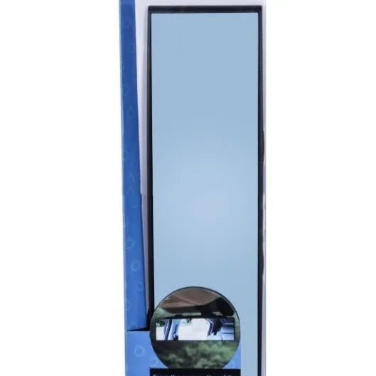Curved blue anti-glare wide-angle car rearview mirror with snap-on fitting, shown from the front.