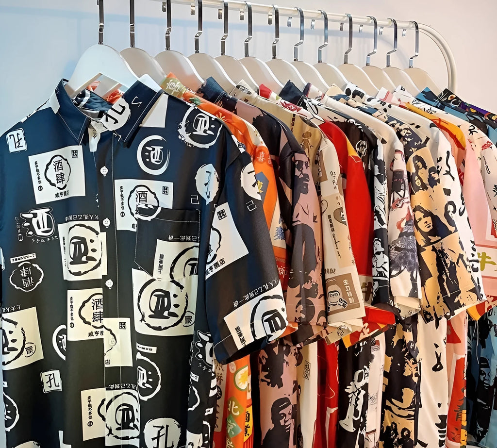 Men's loose floral printed short sleeve polyester shirt in cardigan style