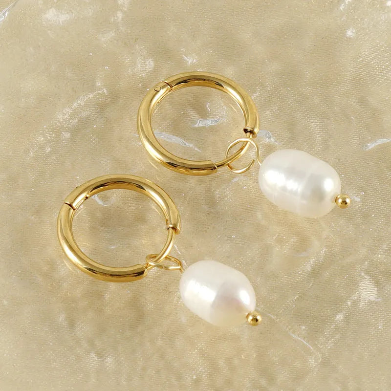 Gold geometric women's earrings with synthetic pearl centre and titanium steel electroplated finish