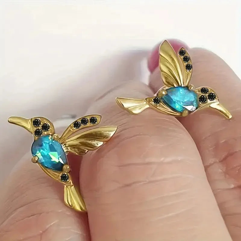 Women's bird hanging long earrings with mixed zirconium wings design in alloy construction with electroplating