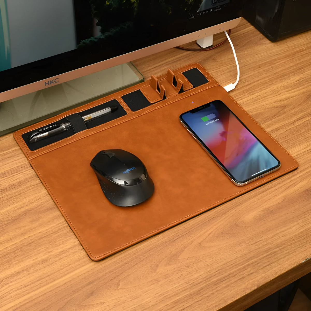 Wireless charging mouse pad with phone holder in multiple colours showing 320x260mm dimensions