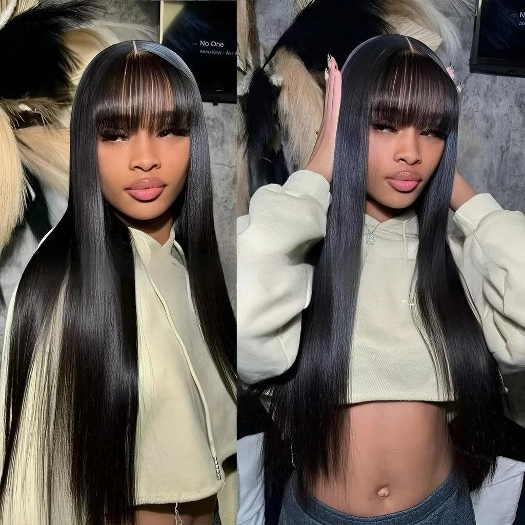 Natural colour human hair full-mechanism wig showing length options from 8 to 32 inches