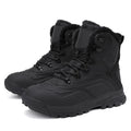 Men's black and khaki high-top boots with fleece lining and lace-up front.