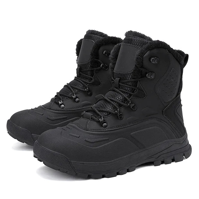 Men's black and khaki high-top boots with fleece lining and lace-up front.