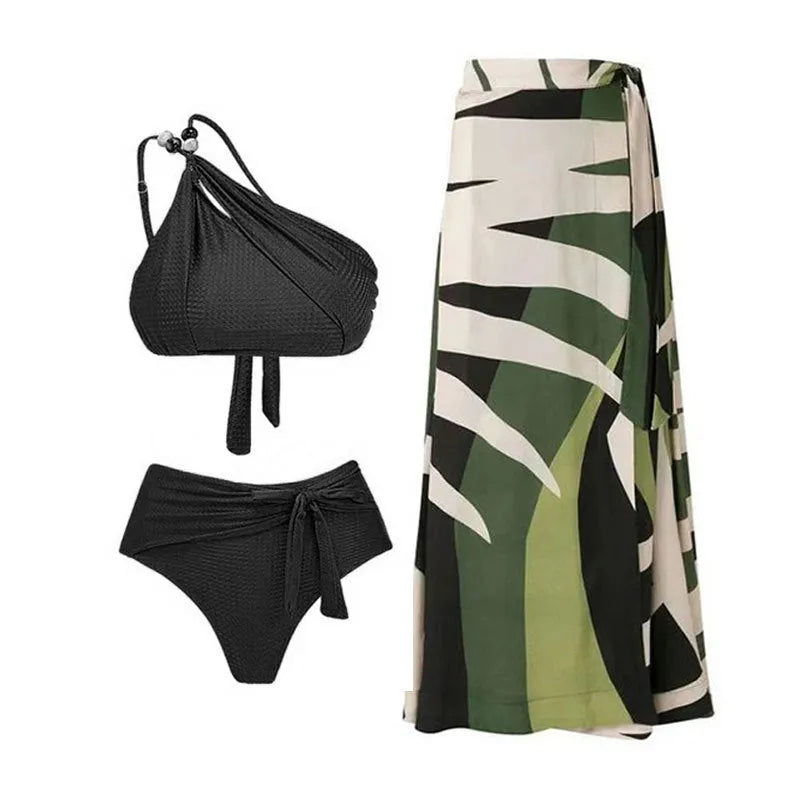 Women's brown high waisted push up bikini swimsuit with a sheer black chiffon dress overlay attached