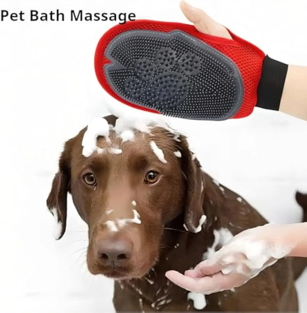 Red pet bathing and grooming glove with integrated brush surface for hair removal and massage