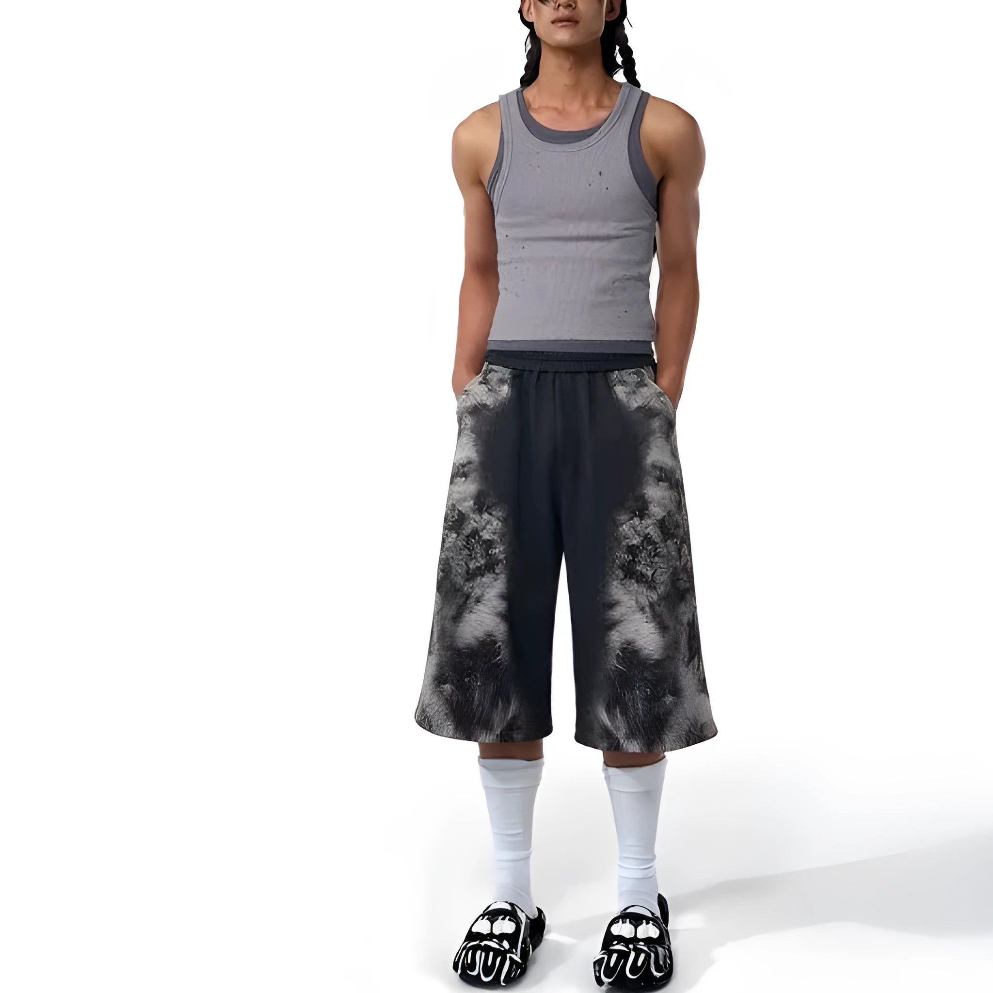 Printed loose trousers set with hoodie and seven-inch pants in street style with collage stitching details