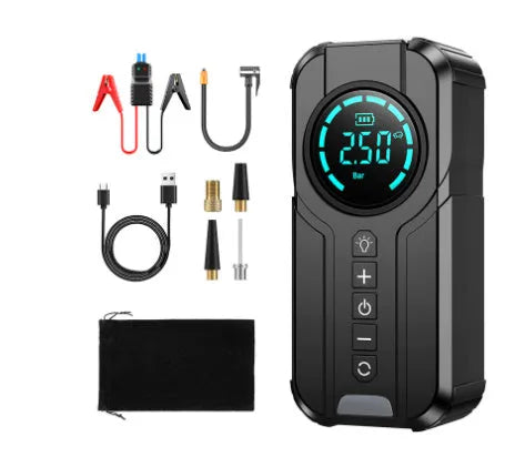 Black wireless portable car air pump with digital gauge, 6000mAh battery, and assorted valve adaptors on a grey background.