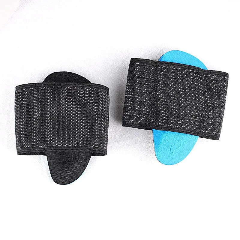Blue elastic arch support foot pad for flat feet, shown in adult and children sizes