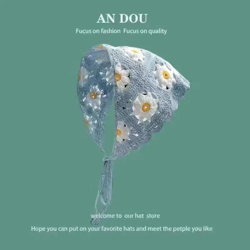 Cotton triangular headscarf with floral pattern options including beige blue little daisy design
