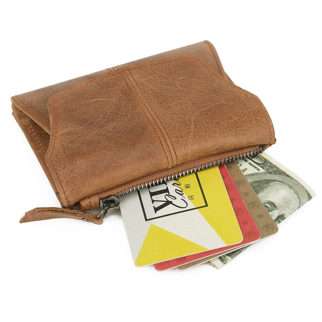 Genuine cowhide slim wallet with stitching detail, shown in multiple solid colour options.