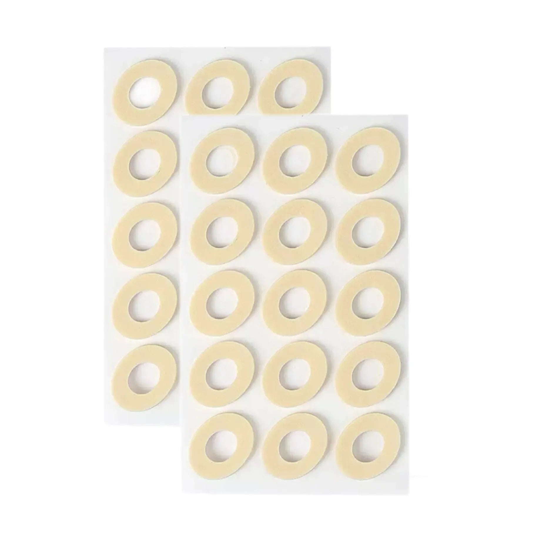 Multi-shape heel corn protectors pack showing large oval, small oval, U-shaped, and circular PU pads.
