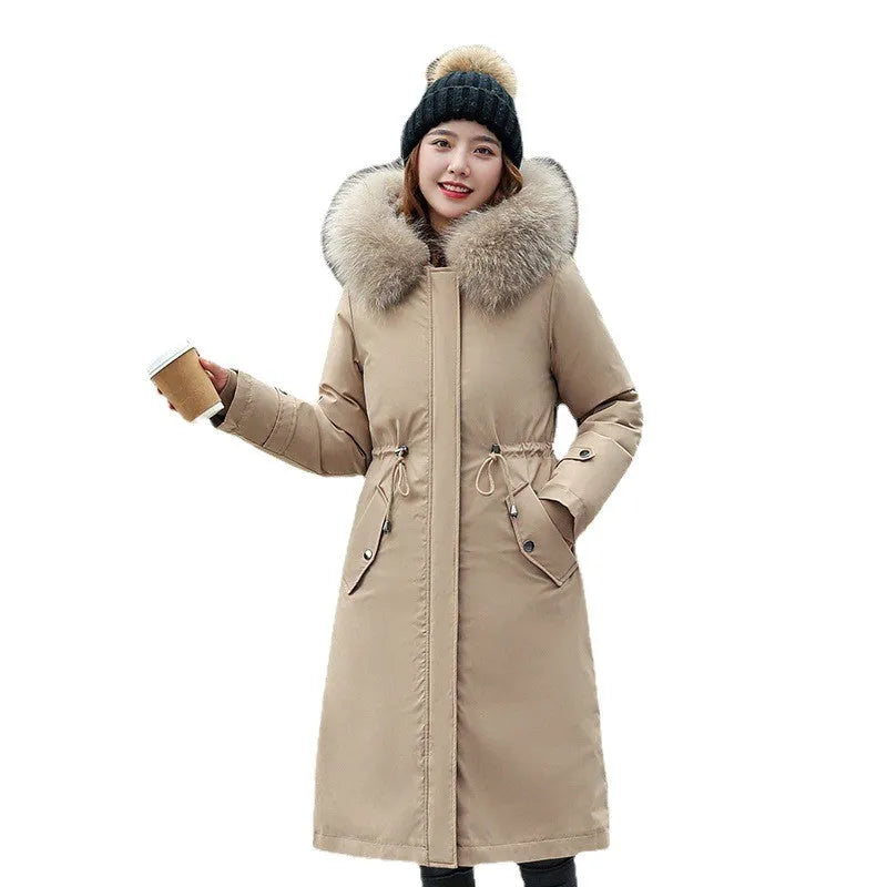 Women's long padded polyester fleece trench coat in bean green with a 100cm length