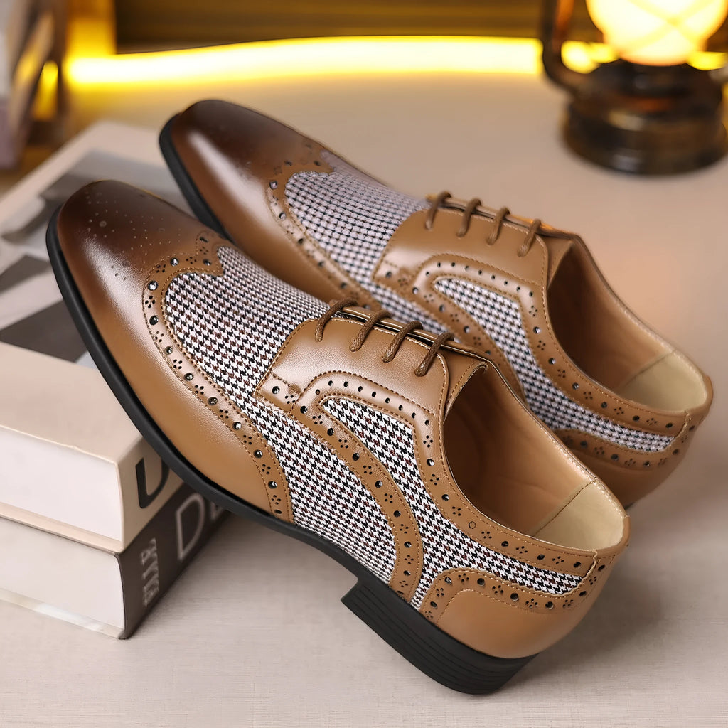 Men's casual leather shoes with black and white houndstooth pattern, square toe, and lace-up front.