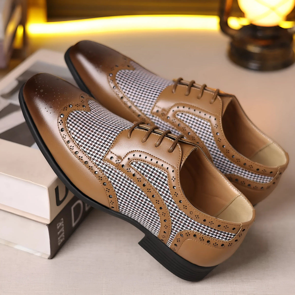 Men's casual leather shoes with black and white houndstooth pattern, square toe, and lace-up front.