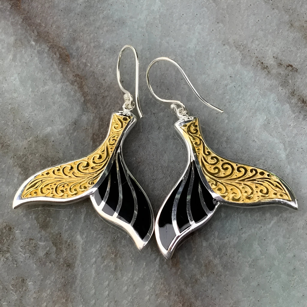 Women's retro whale fishtail alloy earrings in white gold colour, approximately 3cm length