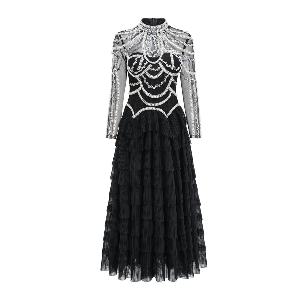 Women's long sleeve beaded dress in polyester with three-dimensional decoration and mid waist design