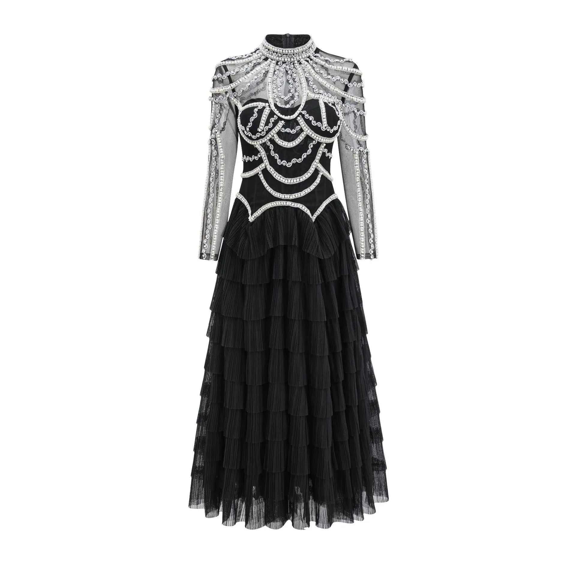 Women's long sleeve beaded dress in polyester with three-dimensional decoration and mid waist design