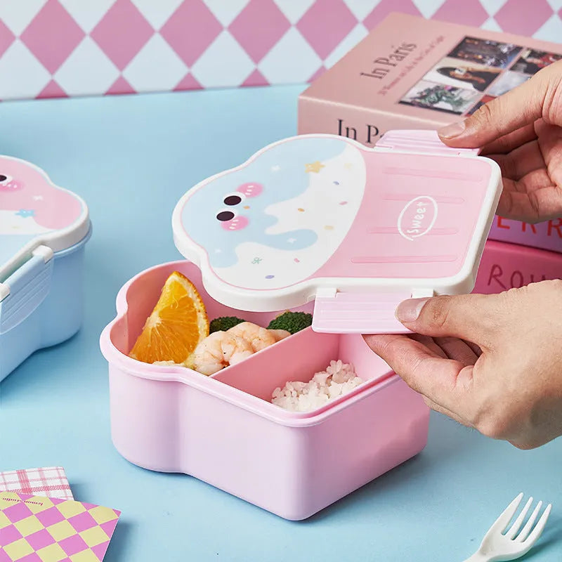 Creative ice cream shaped plastic lunch box with compartments and utensils in pink and blue cartoon designs