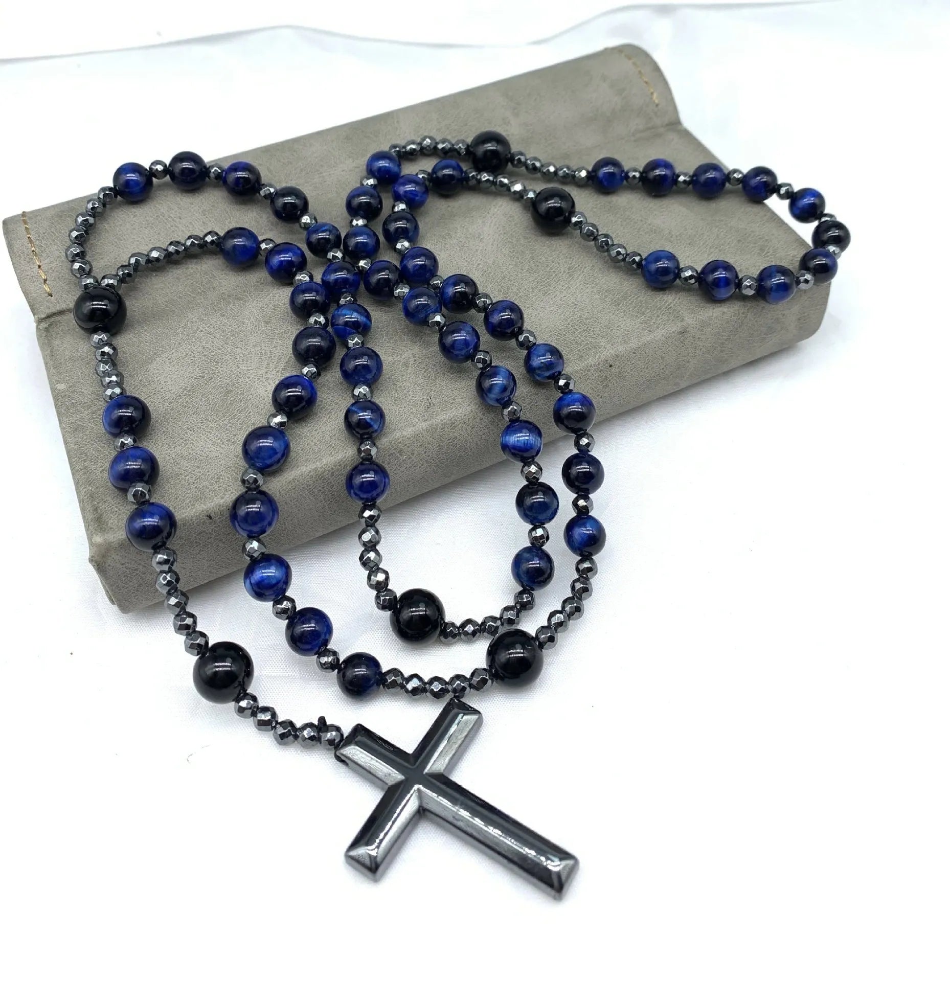 Men's stone cross pendant necklace on an 80cm ball bead chain