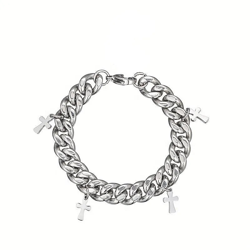 Men's titanium steel bracelet with geometric cross pendant in cold wind style