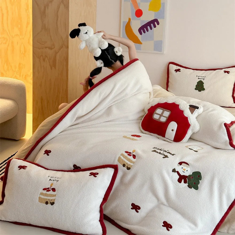 Winter Christmas cartoon bedding four-piece set with Xuefu Milk Pastry pattern on polyester fabric