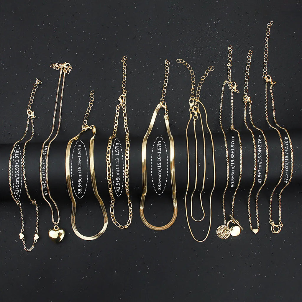 10-piece gold electroplated women's necklace set with adjustable snake chain from 21cm to 50cm length