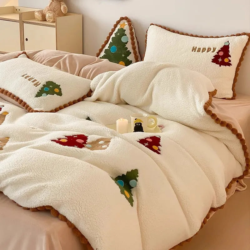Bright yellow Christmas tree bedding four-piece set with embroidery detailing on milk fibre fabric