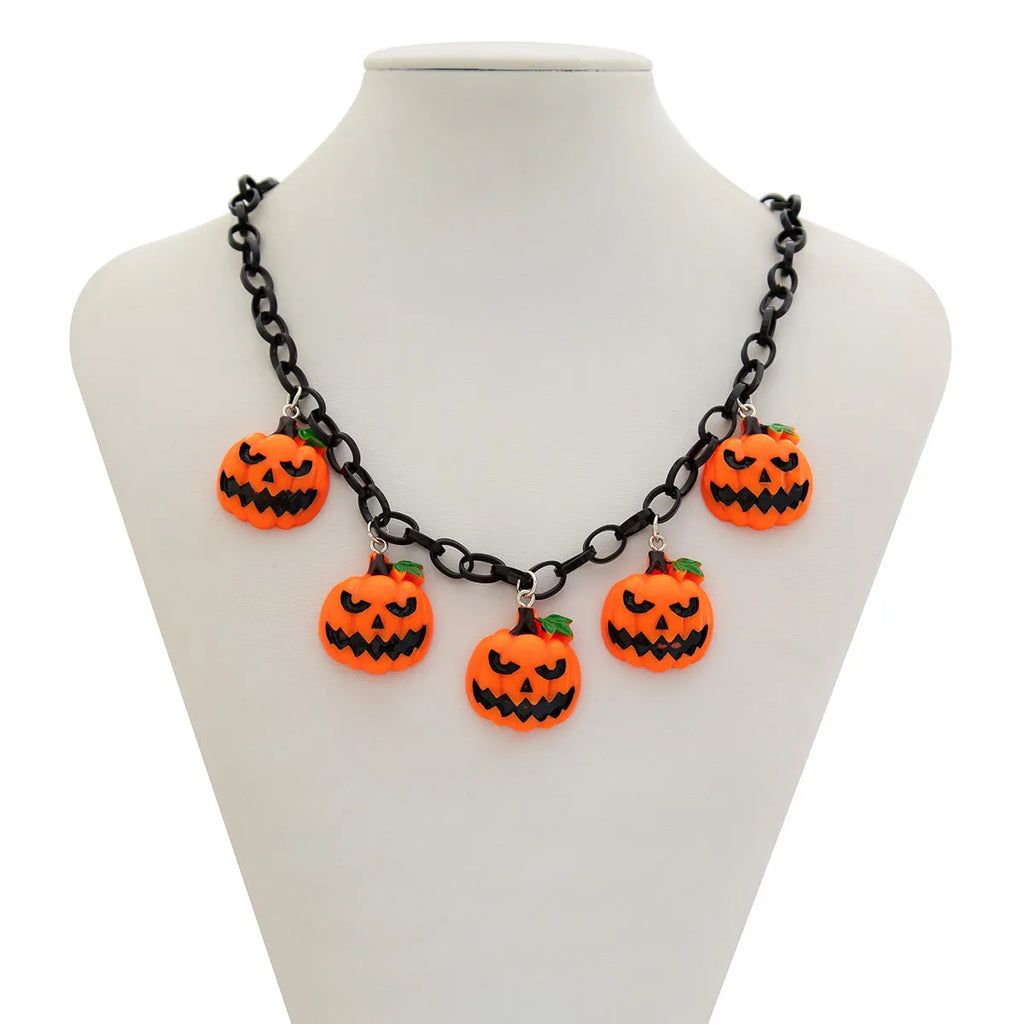 Cartoon pumpkin Halloween necklace with mixed colour acrylic pendant on a regular chain.