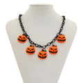 Cartoon pumpkin Halloween necklace with mixed colour acrylic pendant on a regular chain.