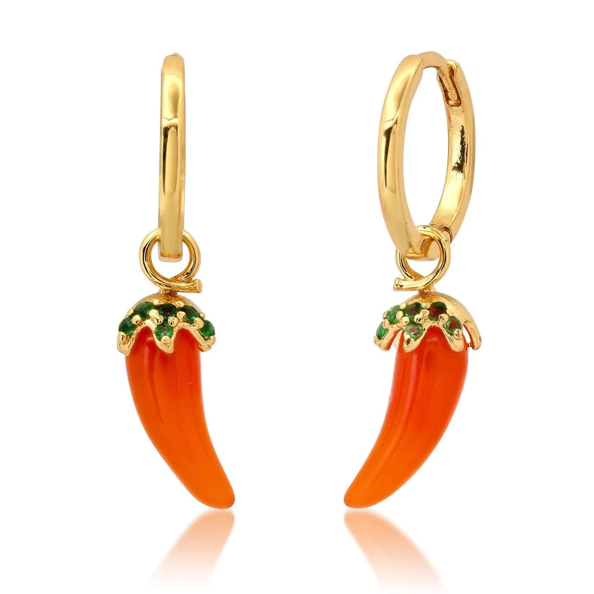 Gold plated copper earrings with fruit and vegetable designs including carrot, orange and lemon