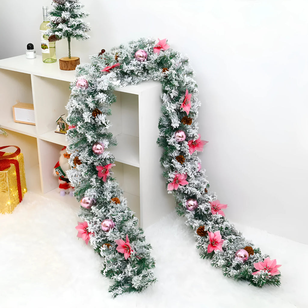 240cm long artificial rattan Christmas garland with flocked decoration in one of five colour options