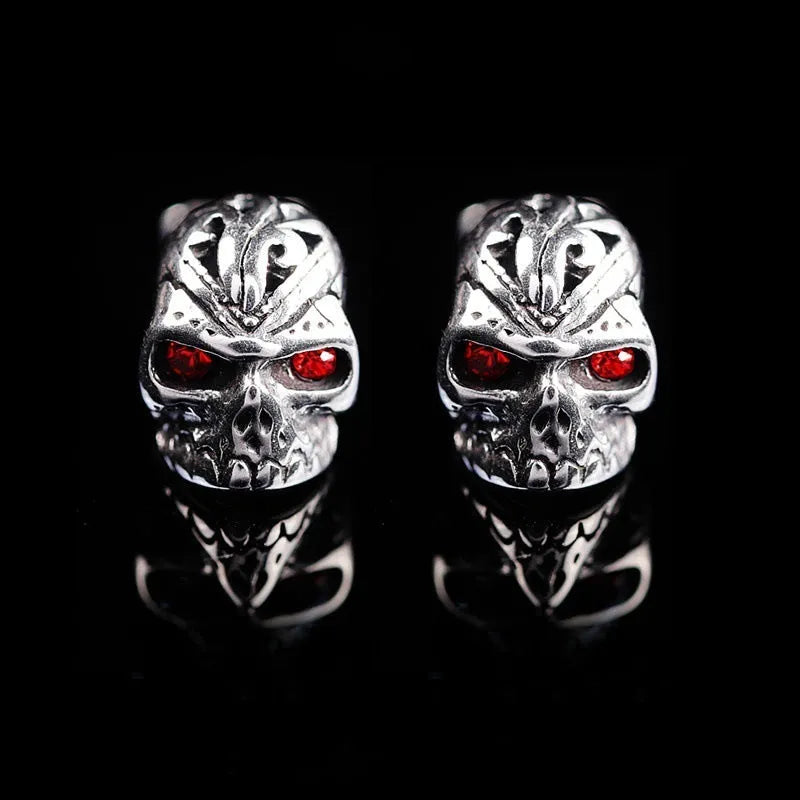 Retro skull stud earrings with red eye ghost head design on alloy construction