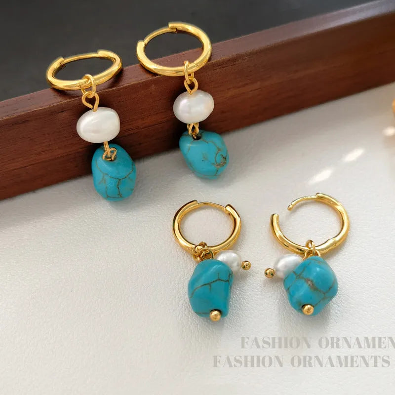 Turquoise and cultured pearl geometric ear clips with copper settings in short and dangle styles