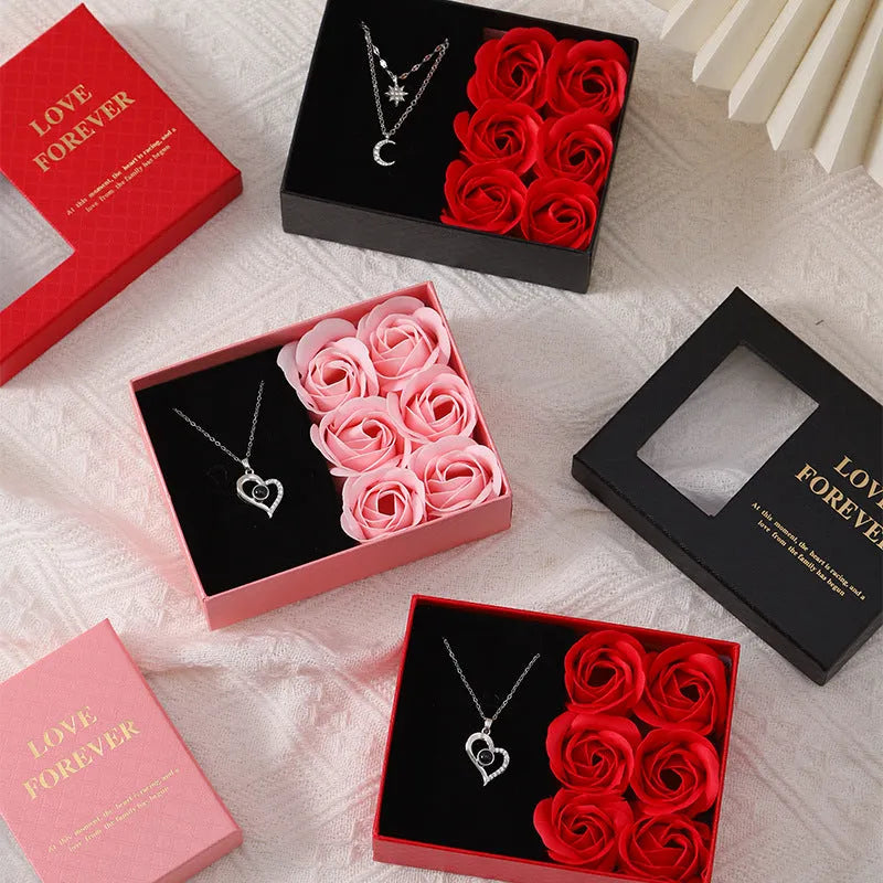 Korean style soap flower gift box set with six roses, presentation box, and handbag in red, pink, or black.