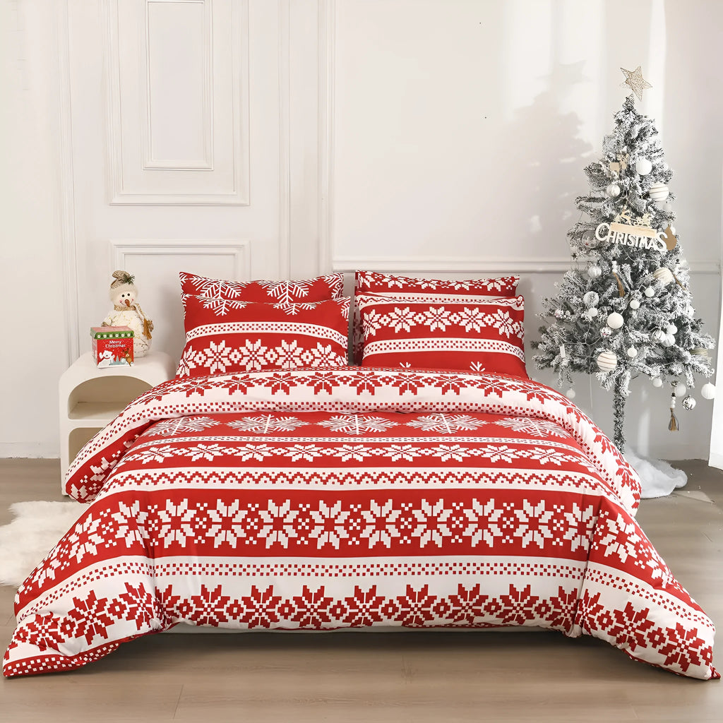 Red Christmas pattern bedding three-piece set with quilt cover and pillowcases on bed