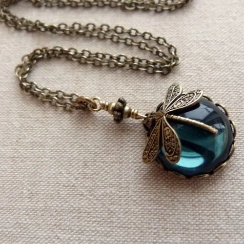 Yellow vintage bronze dragonfly pendant necklace on 925 silver adjustable chain with hand carved details