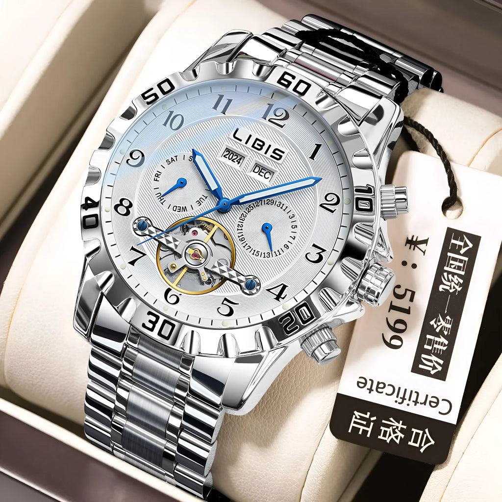Men's silver automatic perpetual calendar mechanical watch with stainless steel strap