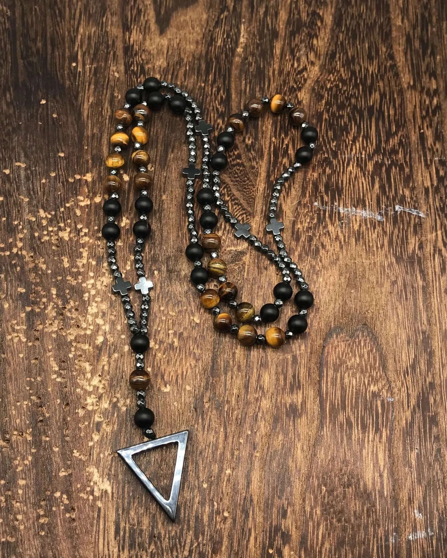 Men's stone cross pendant necklace on an 80cm ball bead chain