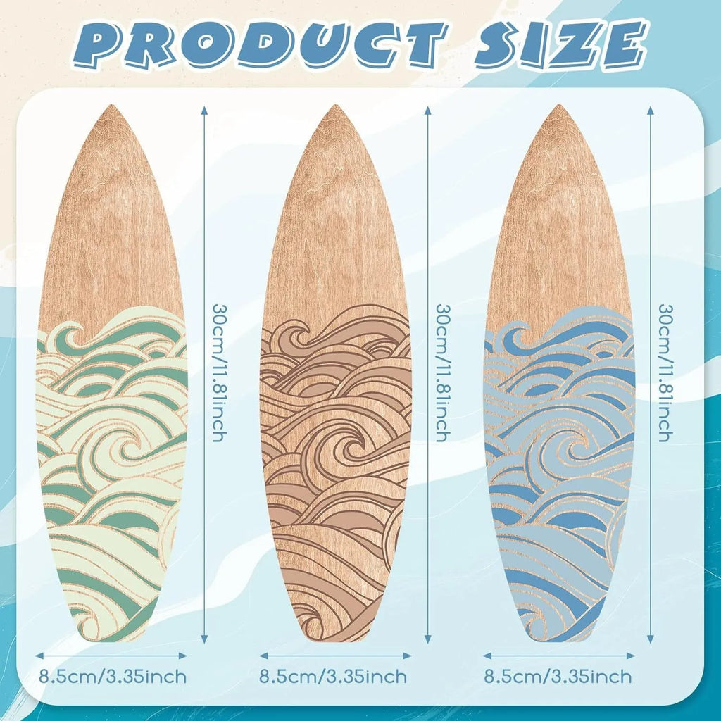 Three wooden surfboard wall decorations made from boxwood, shown together.