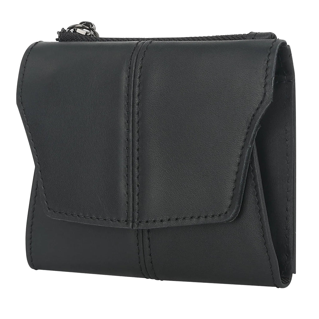 Genuine cowhide slim wallet with stitching detail, shown in multiple solid colour options.